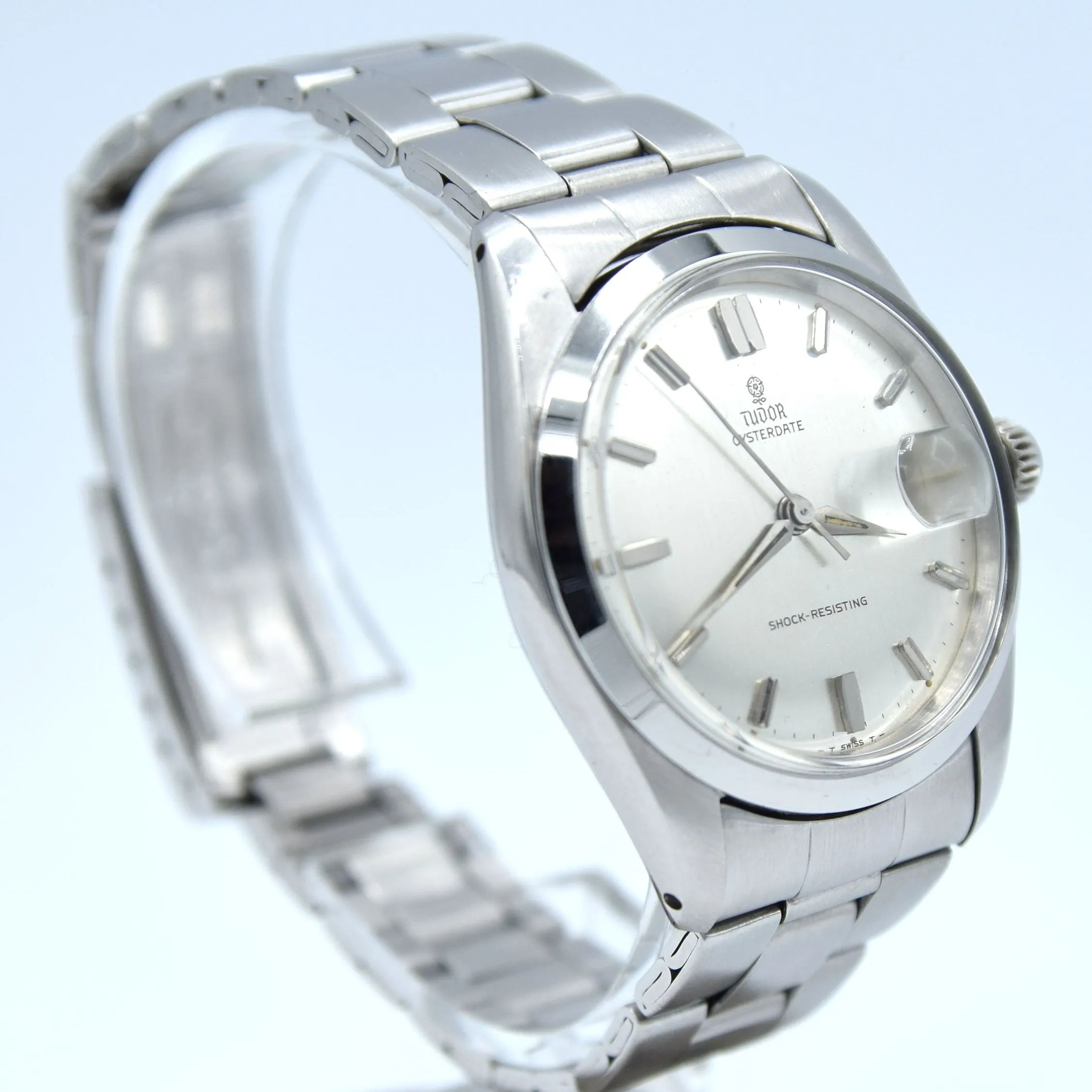 1965 Tudor Oysterdate Manual Wind Wristwatch Model 7962 with Silvered Dial on Bracelet