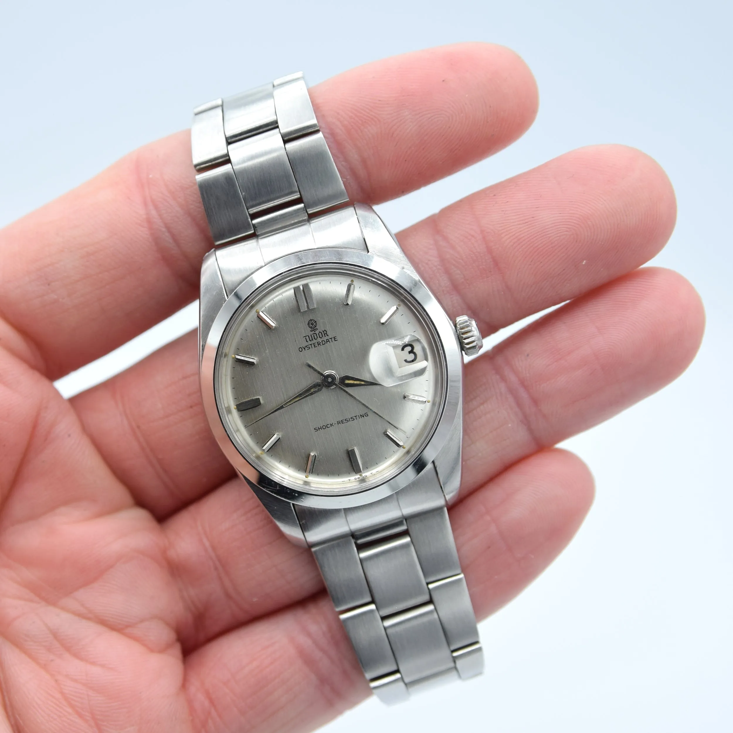 1965 Tudor Oysterdate Manual Wind Wristwatch Model 7962 with Silvered Dial on Bracelet