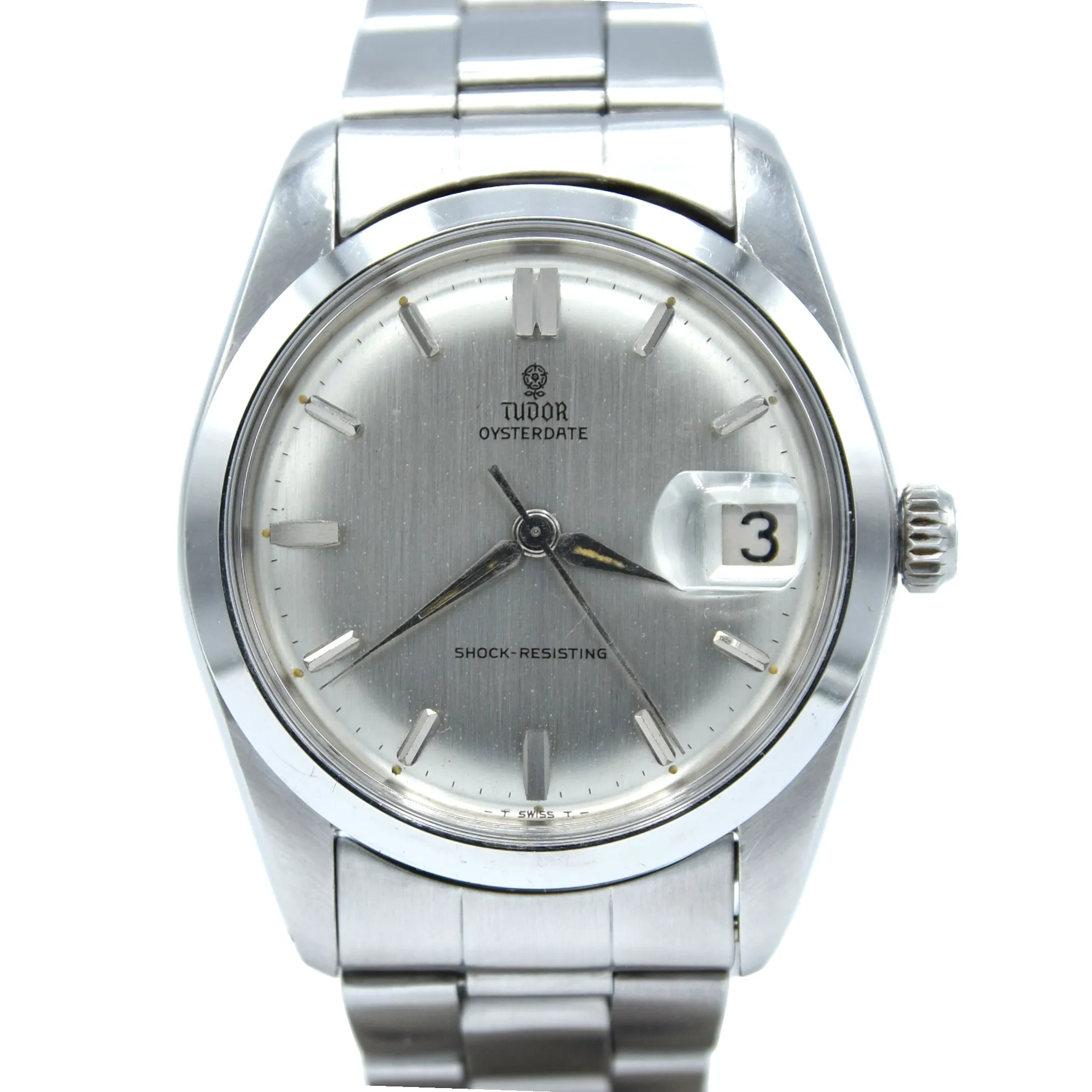 1965 Tudor Oysterdate Manual Wind Wristwatch Model 7962 with Silvered Dial on Bracelet