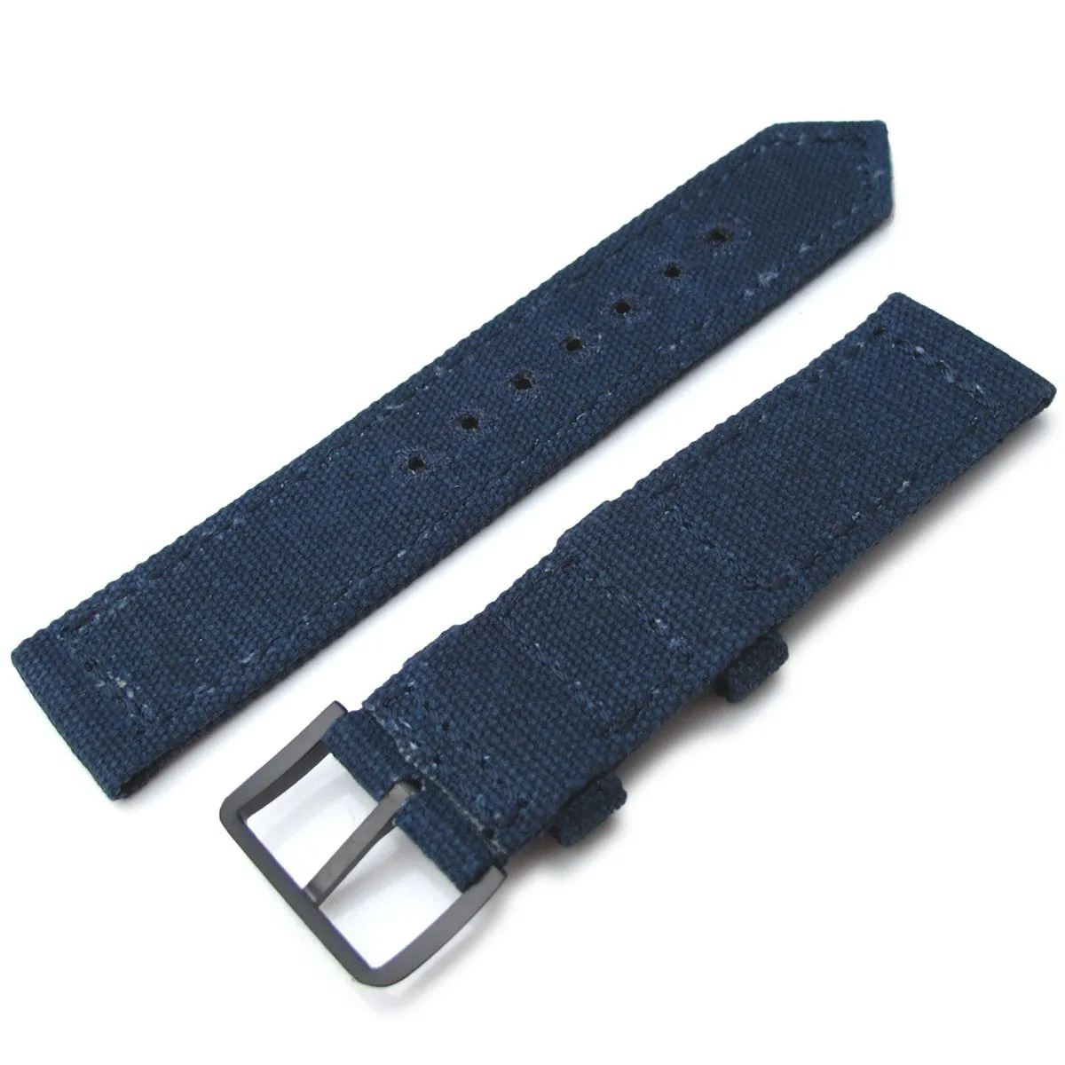 20mm, 21mm or 22mm MiLTAT WW2 2-piece Navy Washed Canvas Armband with lockstitch round hole, PVD Black