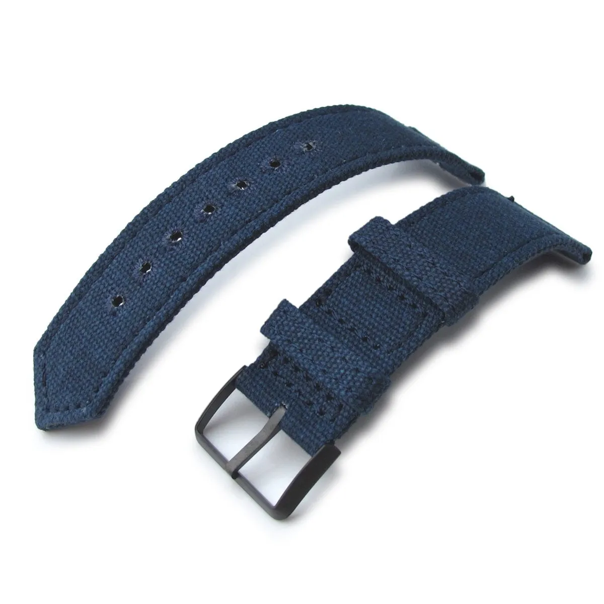 20mm, 21mm or 22mm MiLTAT WW2 2-piece Navy Washed Canvas Armband with lockstitch round hole, PVD Black