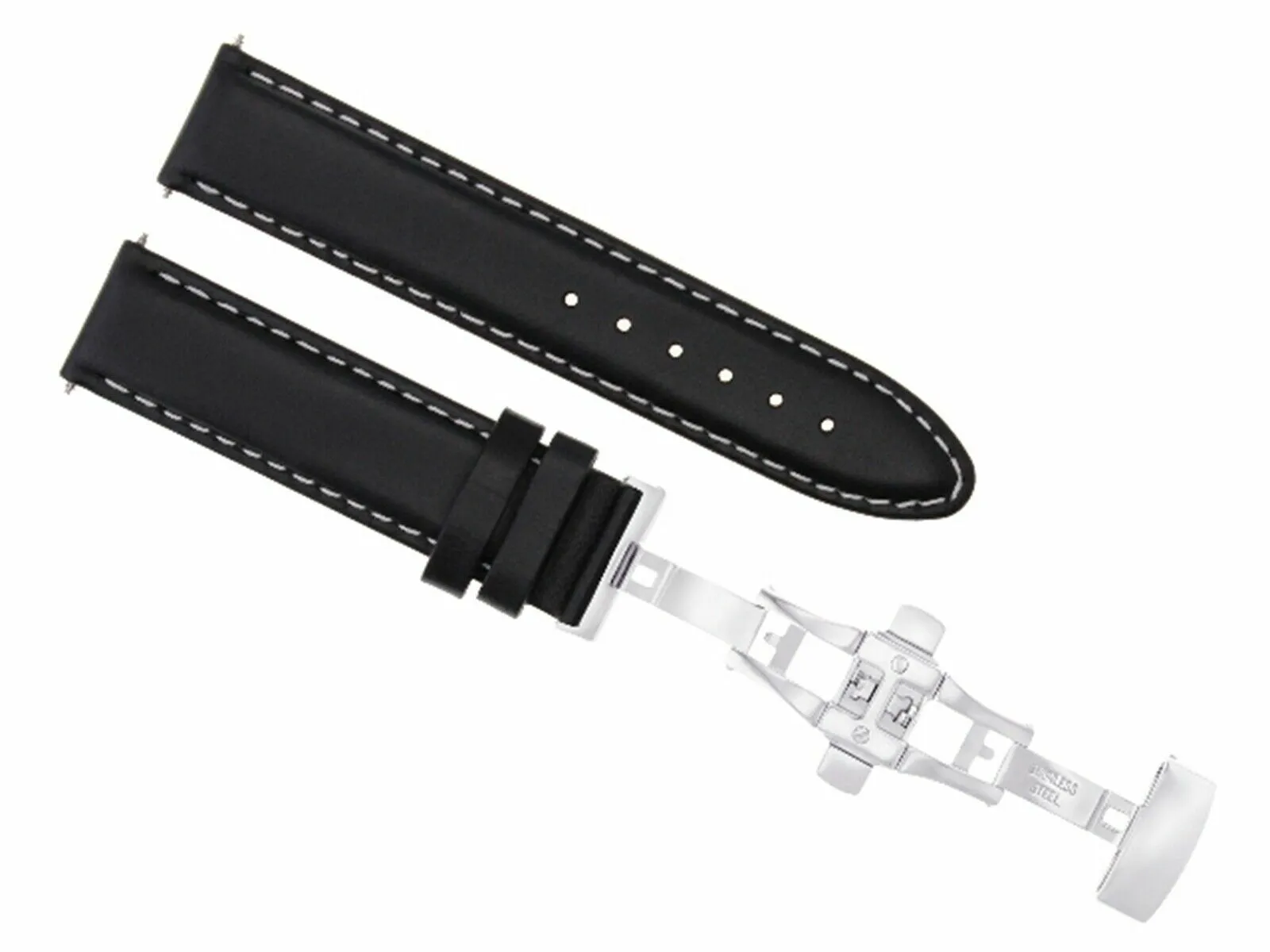22MM LEATHER STRAP BAND SMOOTH FOR ZENO MAGELLANO DEPLOYMENT CLASP BLACK WS