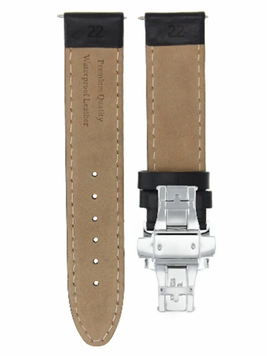 22MM LEATHER STRAP BAND SMOOTH FOR ZENO MAGELLANO DEPLOYMENT CLASP BLACK WS