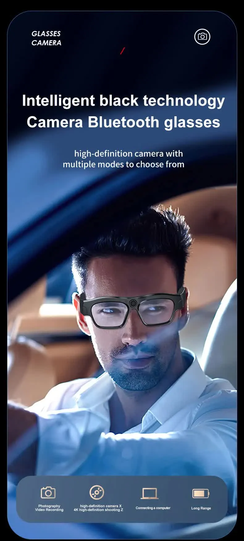 4K Smart Bluetooth Glasses with Camera | 16GB Storage | Multifunctional Dash Cam & Live Streaming Glasses