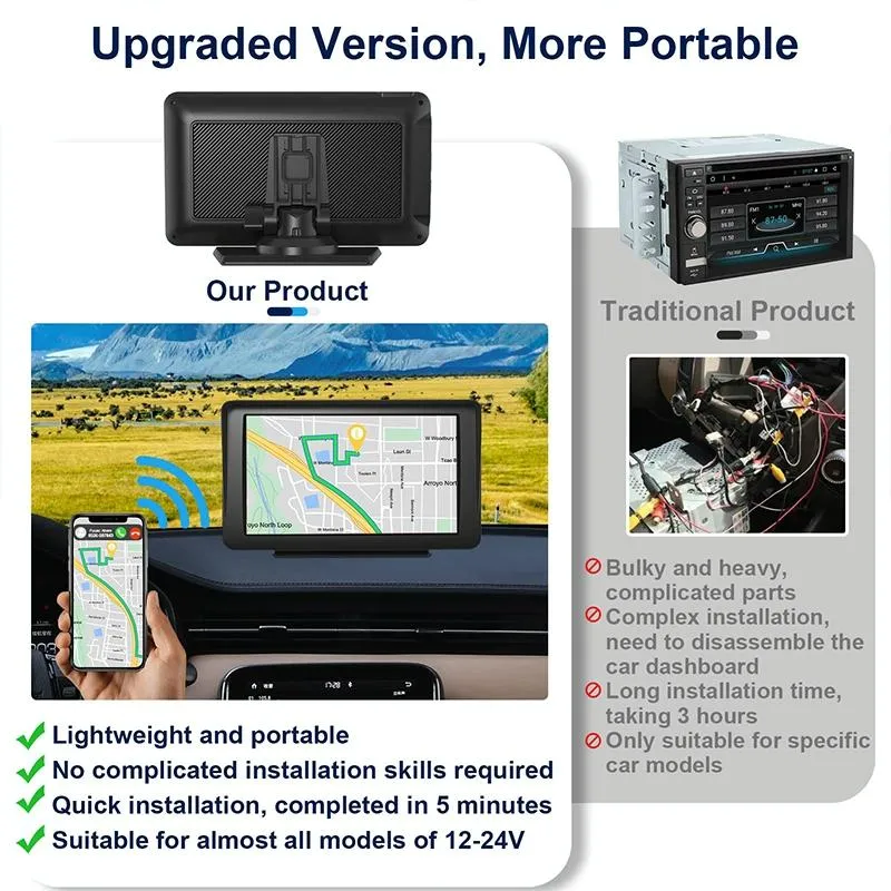 7 Touch Display Car Navigator with Wireless Carplay Bluetooth and Reversing Image - Portable and Smart