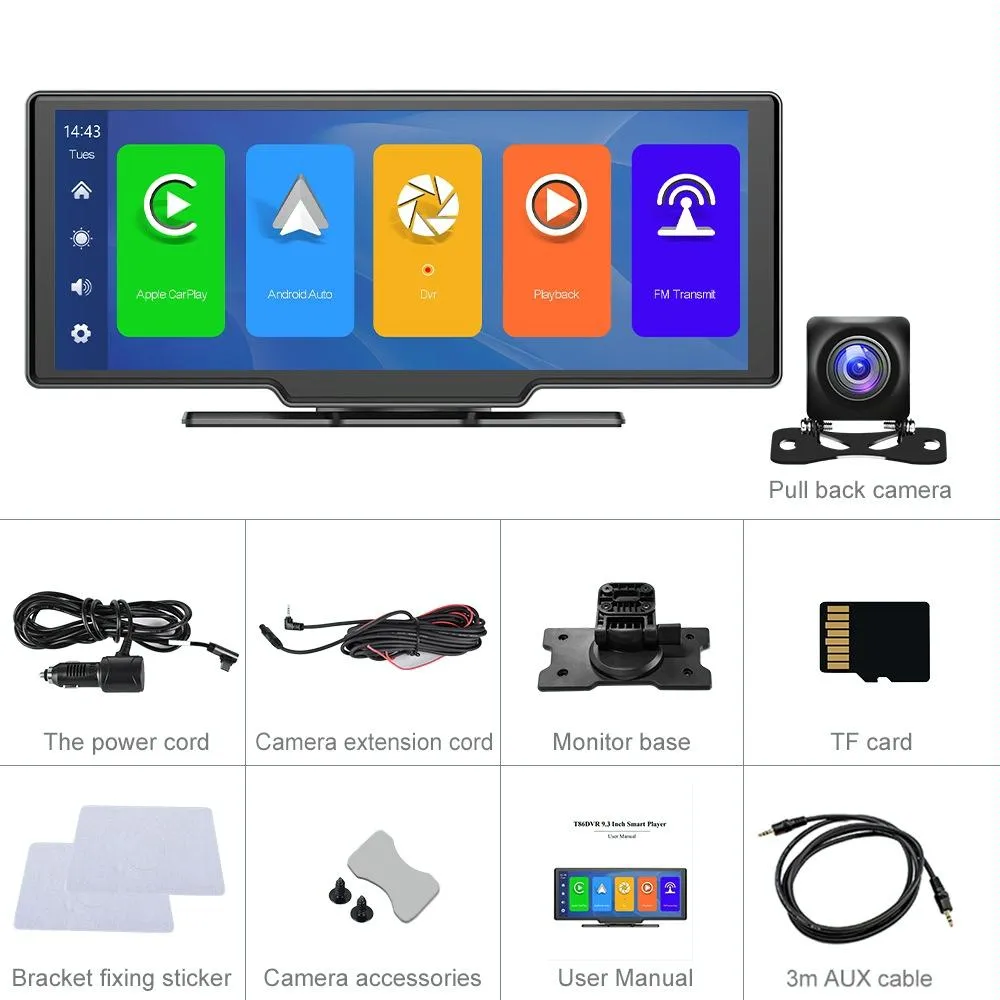 9.3 Hd Wired Smart Player With Wireless Carplay - Split-Screen Display Black