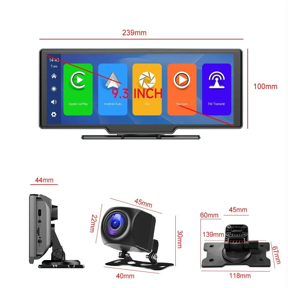9.3 Hd Wired Smart Player With Wireless Carplay - Split-Screen Display Black