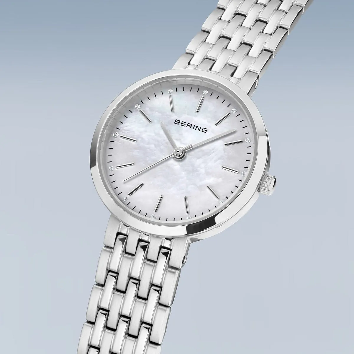 Bering Ladies Classic Steel Link Watch with Mother of Pearl Dial