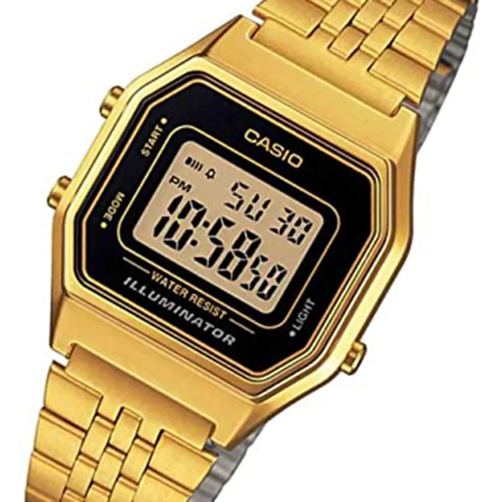 Casio Womens Mid-Size Black Dial Gold Tone Digital Retro Quartz Watch - LA680WGA-1DF
