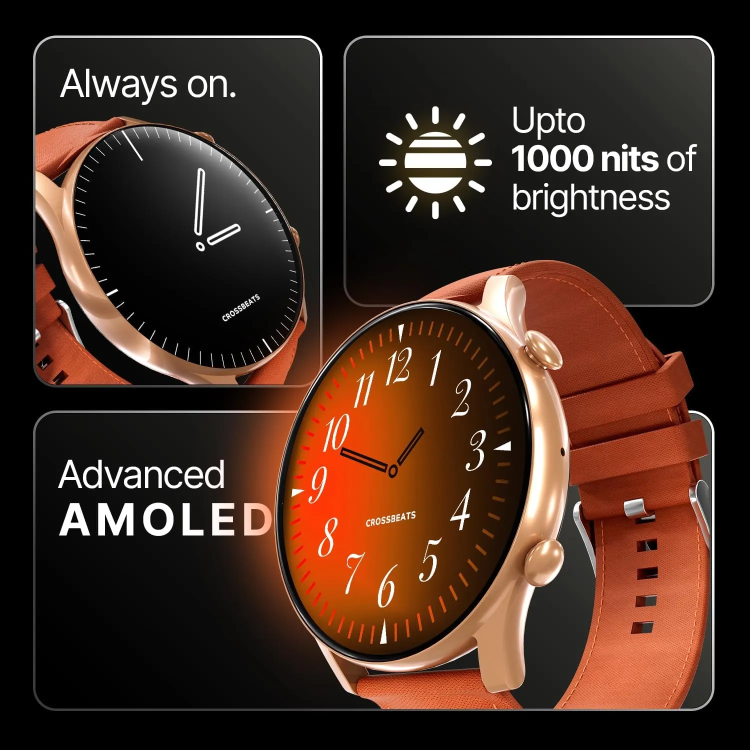 CrossBeats Apex Regal 1.43" Super AMOLED Always On Display Smart Watch with Bluetooth Calling, Metal Body, Fast Charge, 466×466 Pixel 3D Glass, AOD Display (Leather Strap -Brown)