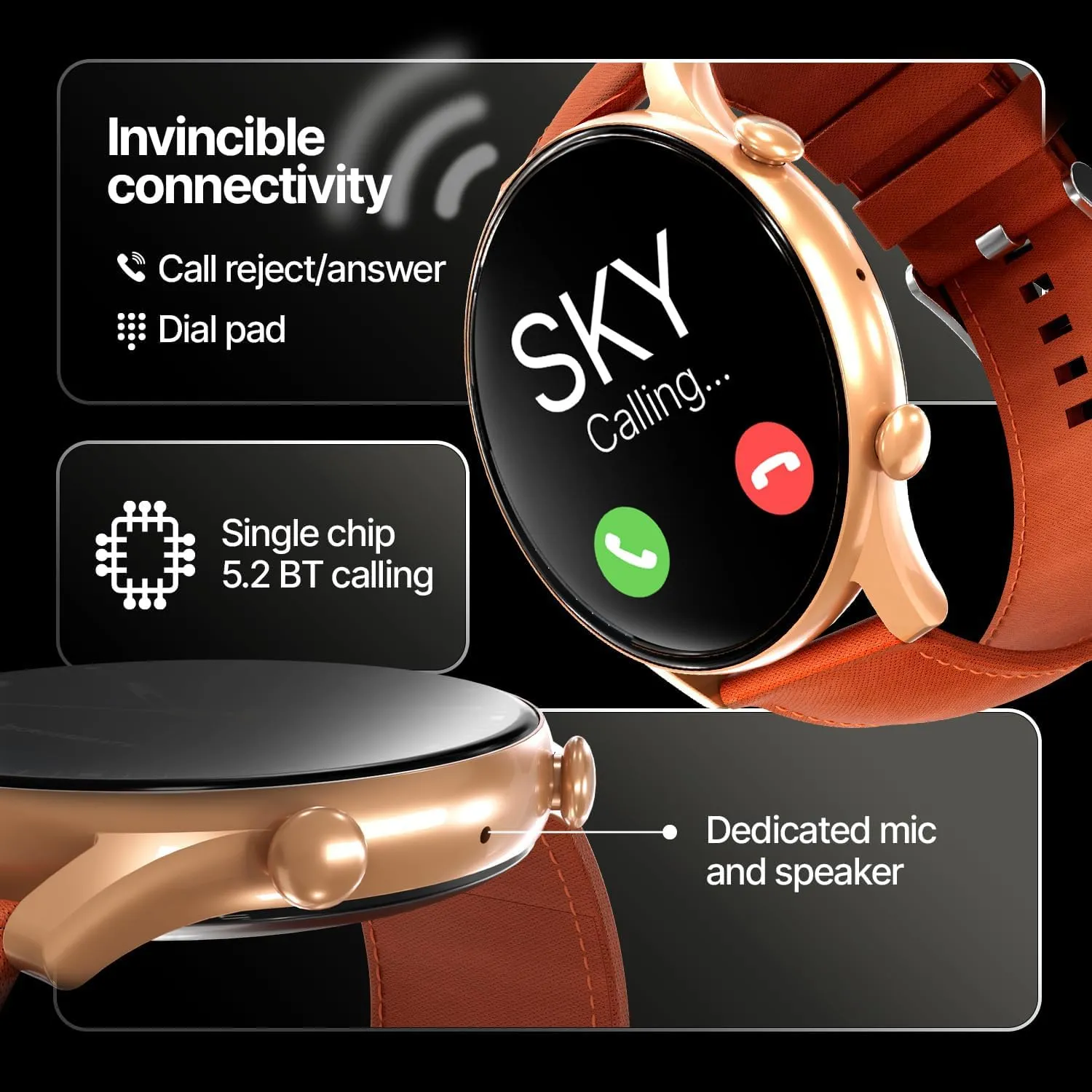 CrossBeats Apex Regal 1.43" Super AMOLED Always On Display Smart Watch with Bluetooth Calling, Metal Body, Fast Charge, 466×466 Pixel 3D Glass, AOD Display (Leather Strap -Brown)