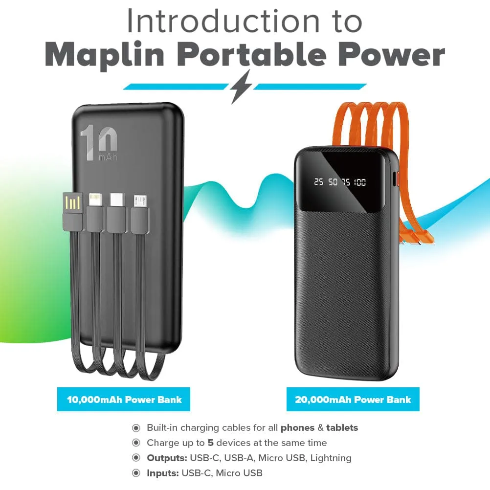 Maplin Dudao 20000mAh Portable Power Bank with Integrated USB-C, Micro USB & Lightning Cables