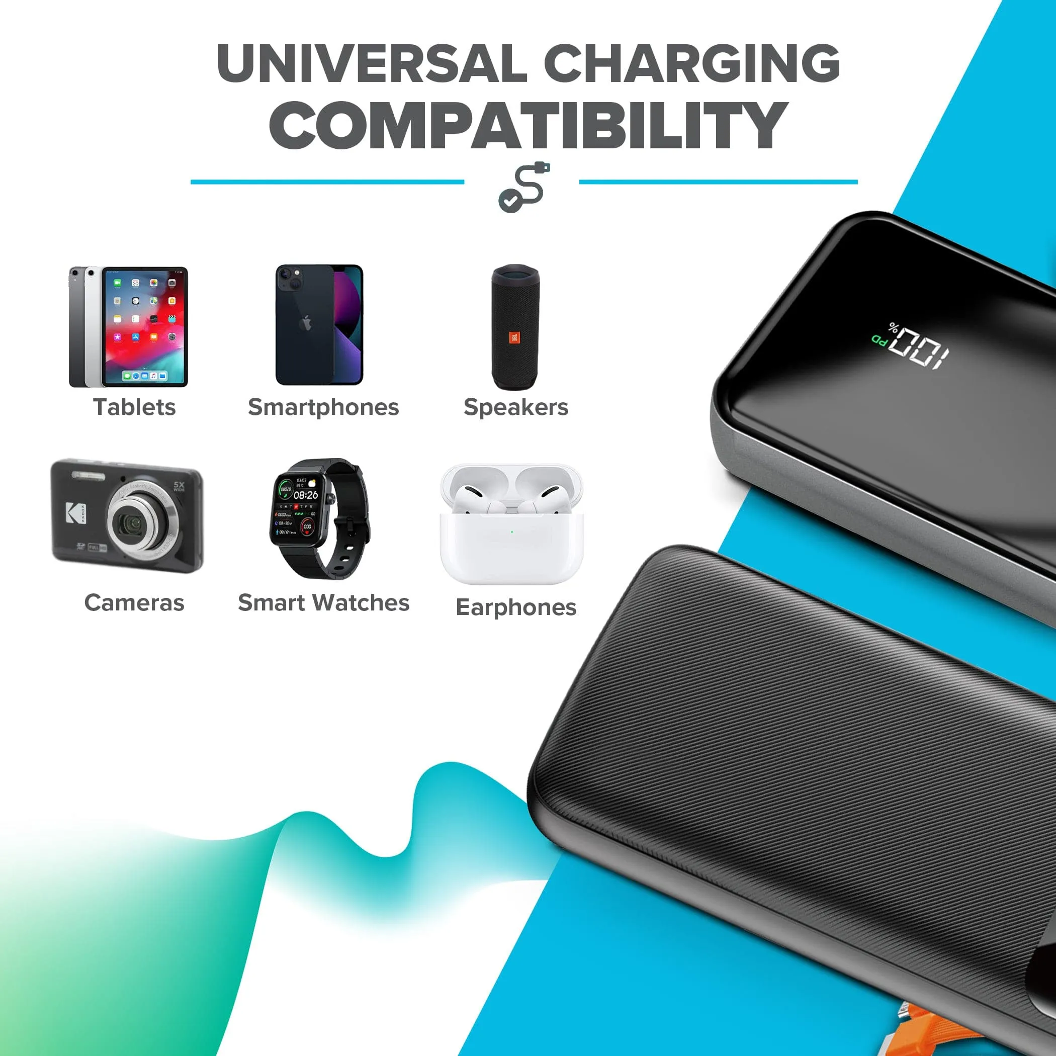 Maplin Dudao 20000mAh Portable Power Bank with Integrated USB-C, Micro USB & Lightning Cables