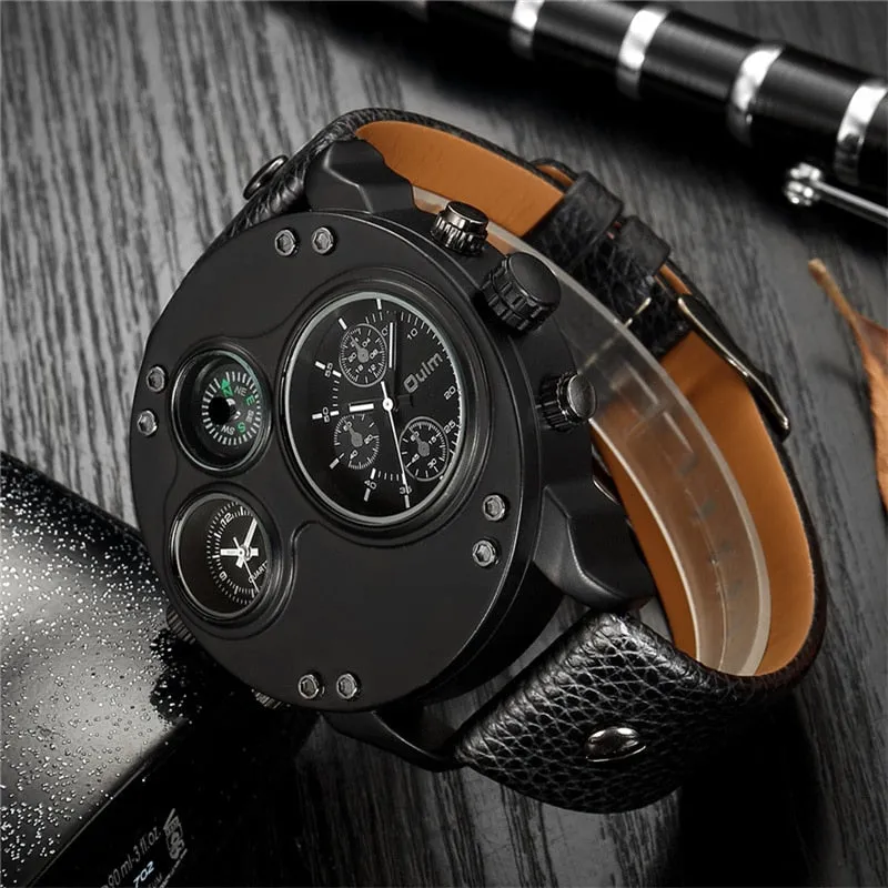 Men Two Time Zone Wristwatch Decorative Compass Male Quartz Watch