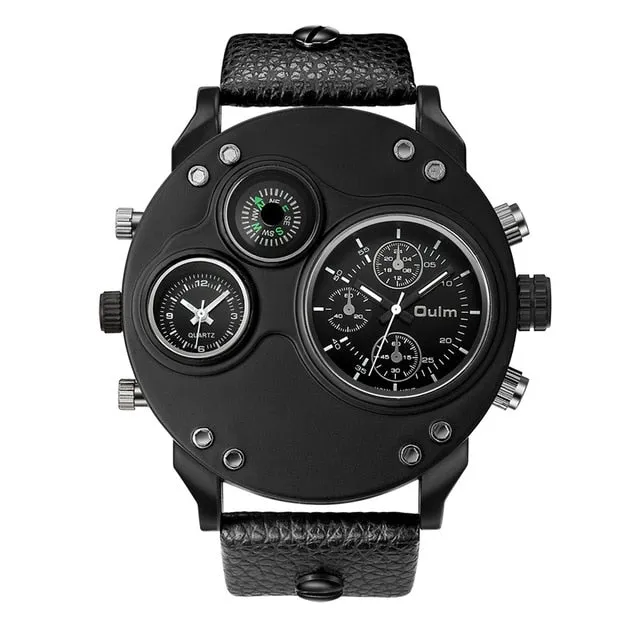 Men Two Time Zone Wristwatch Decorative Compass Male Quartz Watch