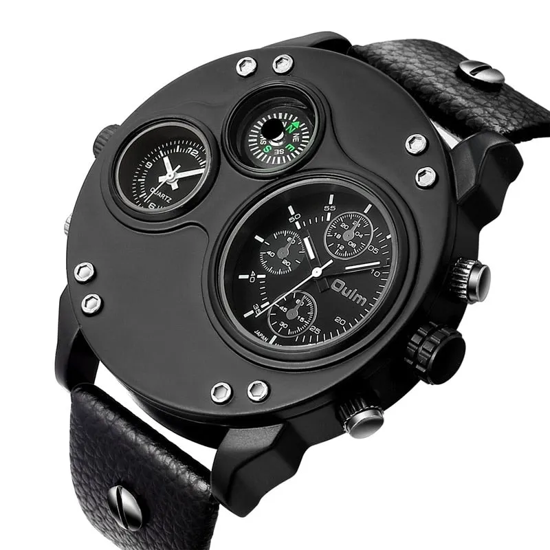 Men Two Time Zone Wristwatch Decorative Compass Male Quartz Watch