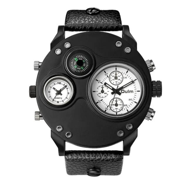 Men Two Time Zone Wristwatch Decorative Compass Male Quartz Watch