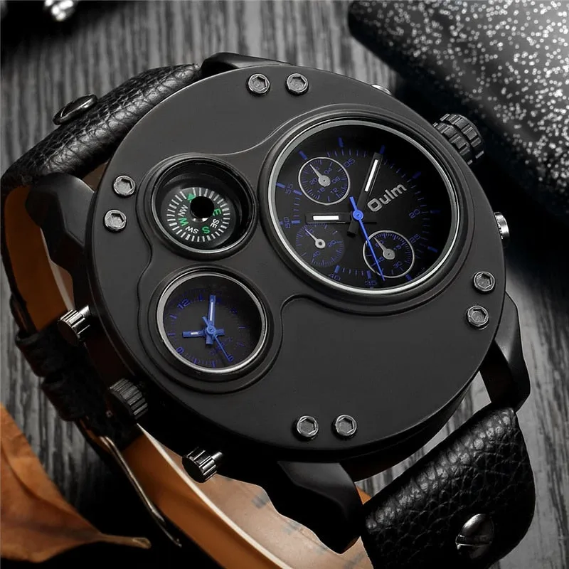 Men Two Time Zone Wristwatch Decorative Compass Male Quartz Watch