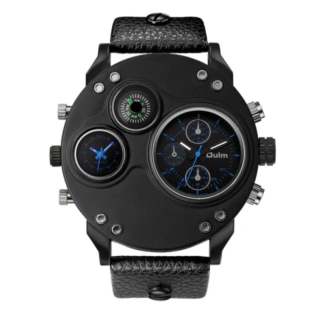 Men Two Time Zone Wristwatch Decorative Compass Male Quartz Watch