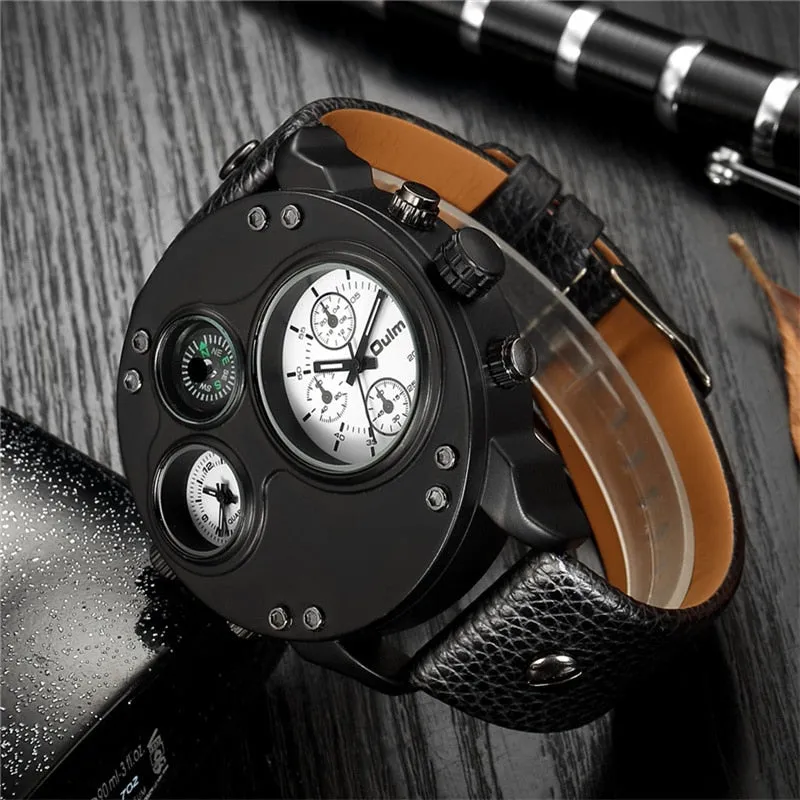 Men Two Time Zone Wristwatch Decorative Compass Male Quartz Watch