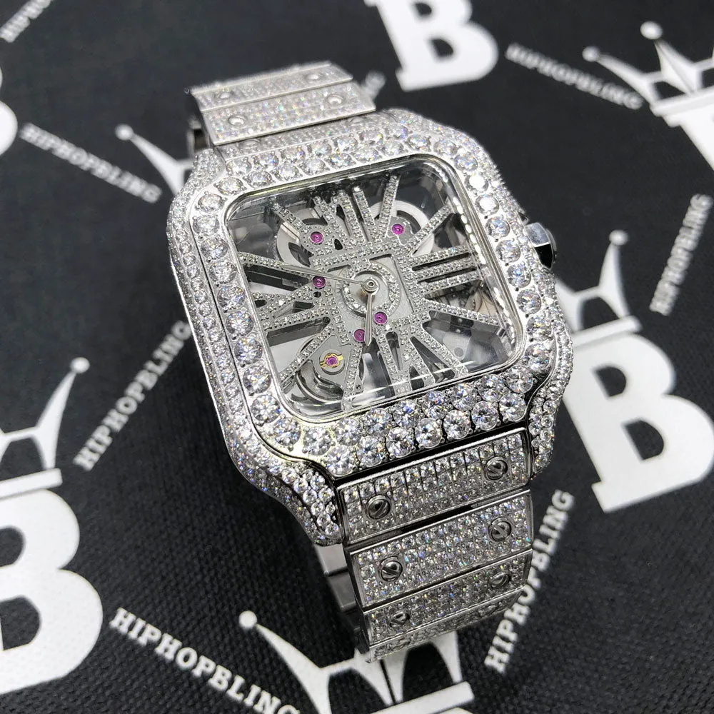 Moissanite VVS Skeleton Iced Out Baller Square Steel Watch