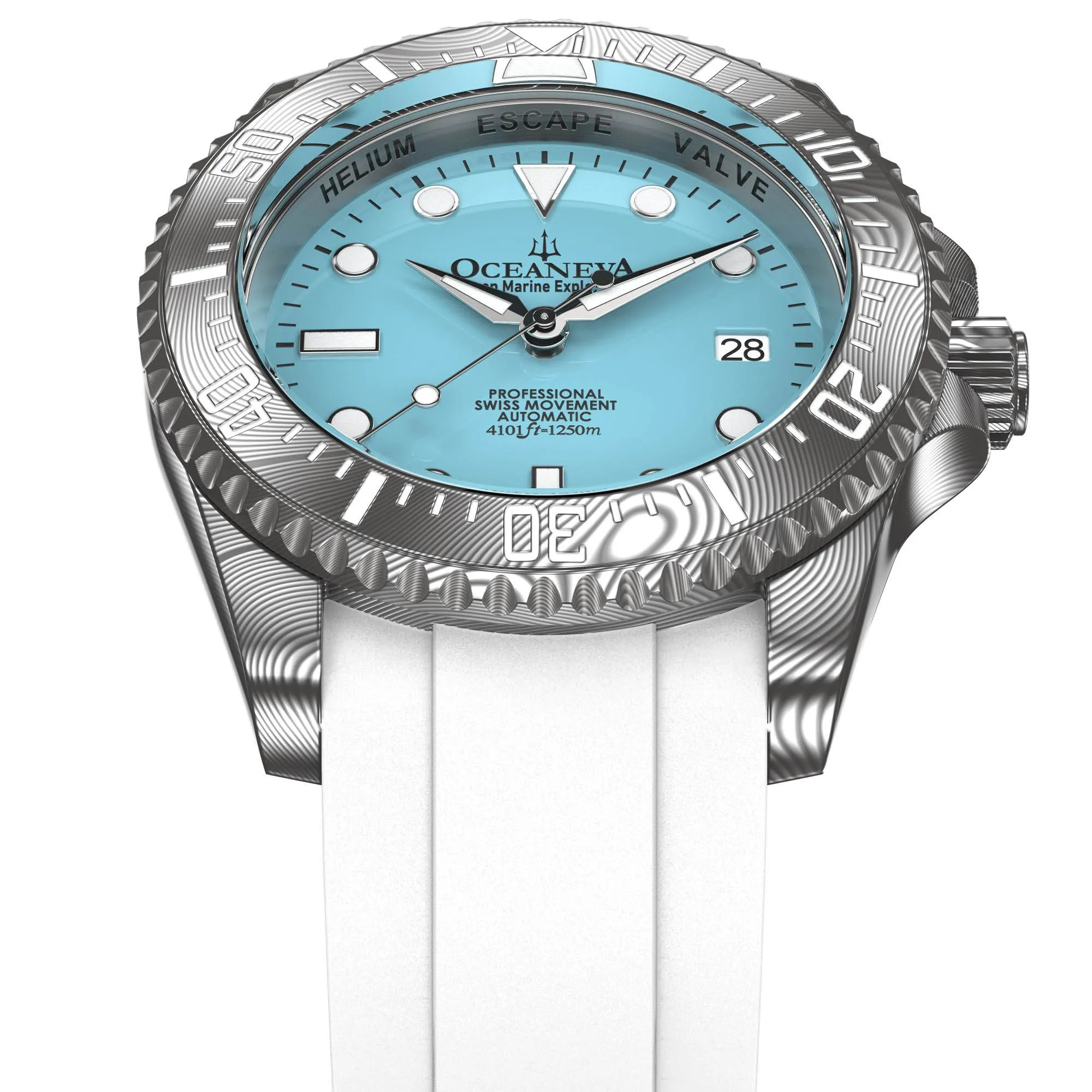 Oceaneva Mens Deep Marine Explorer II Damascus Steel Watch Sky Blue Dial White Rubber