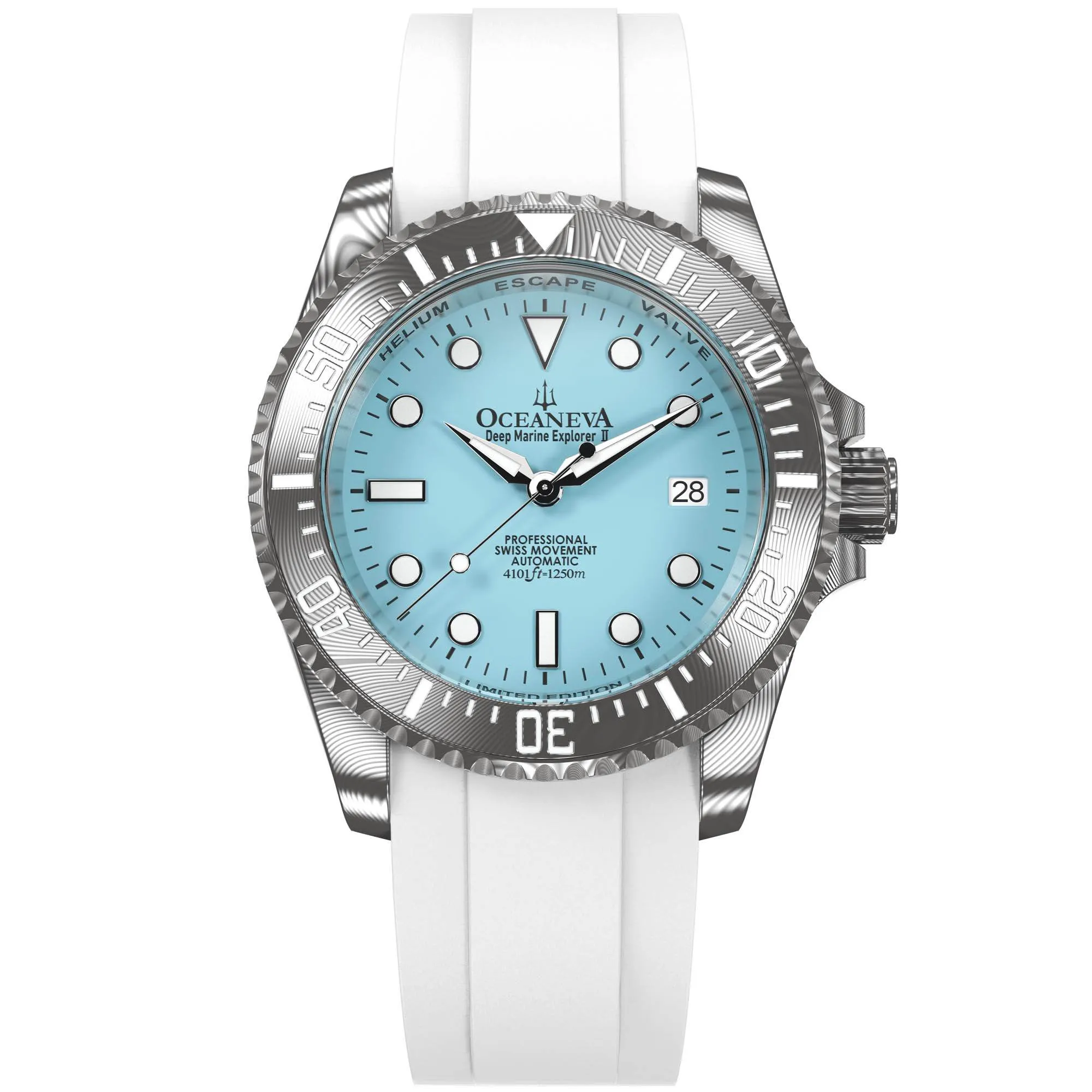 Oceaneva Mens Deep Marine Explorer II Damascus Steel Watch Sky Blue Dial White Rubber