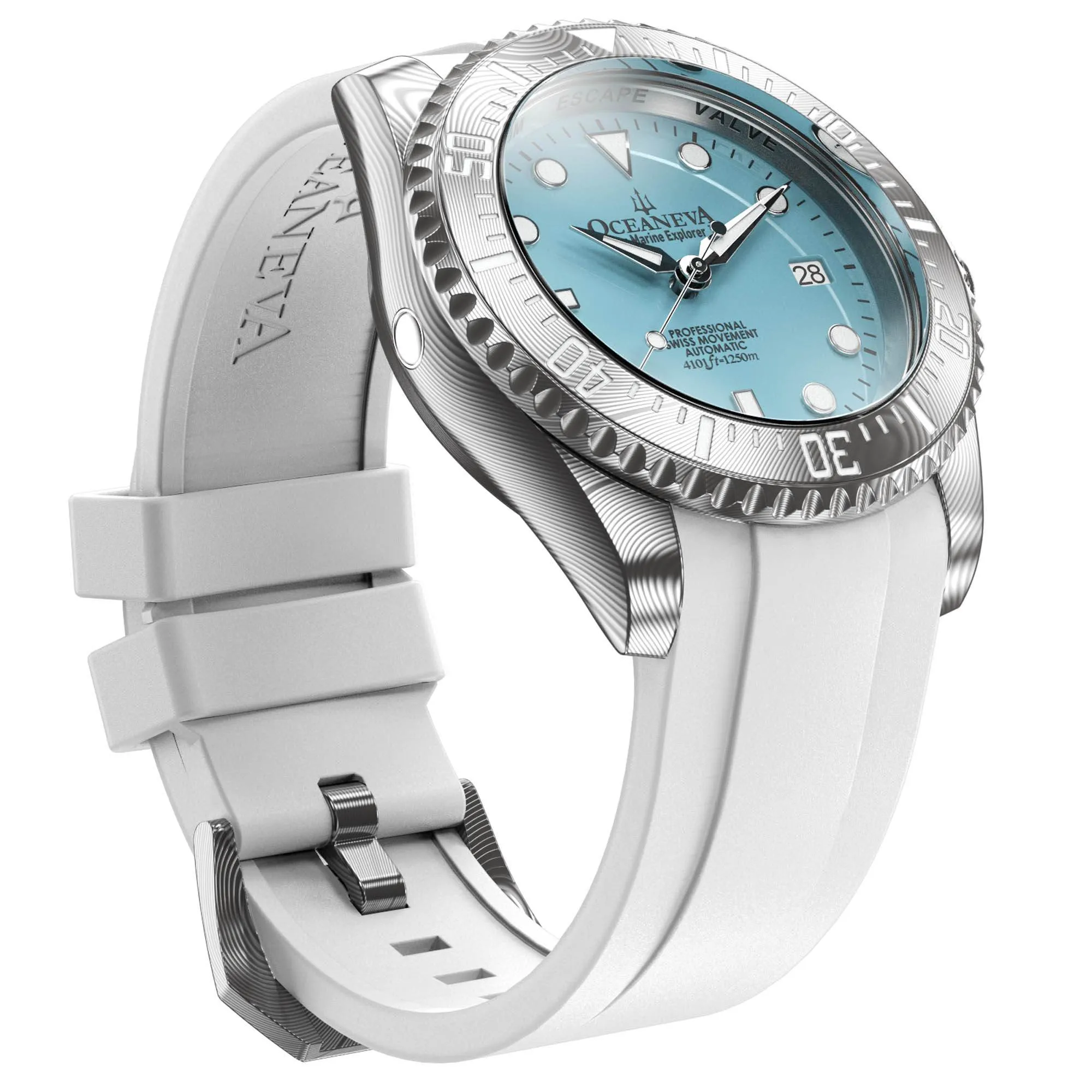 Oceaneva Mens Deep Marine Explorer II Damascus Steel Watch Sky Blue Dial White Rubber