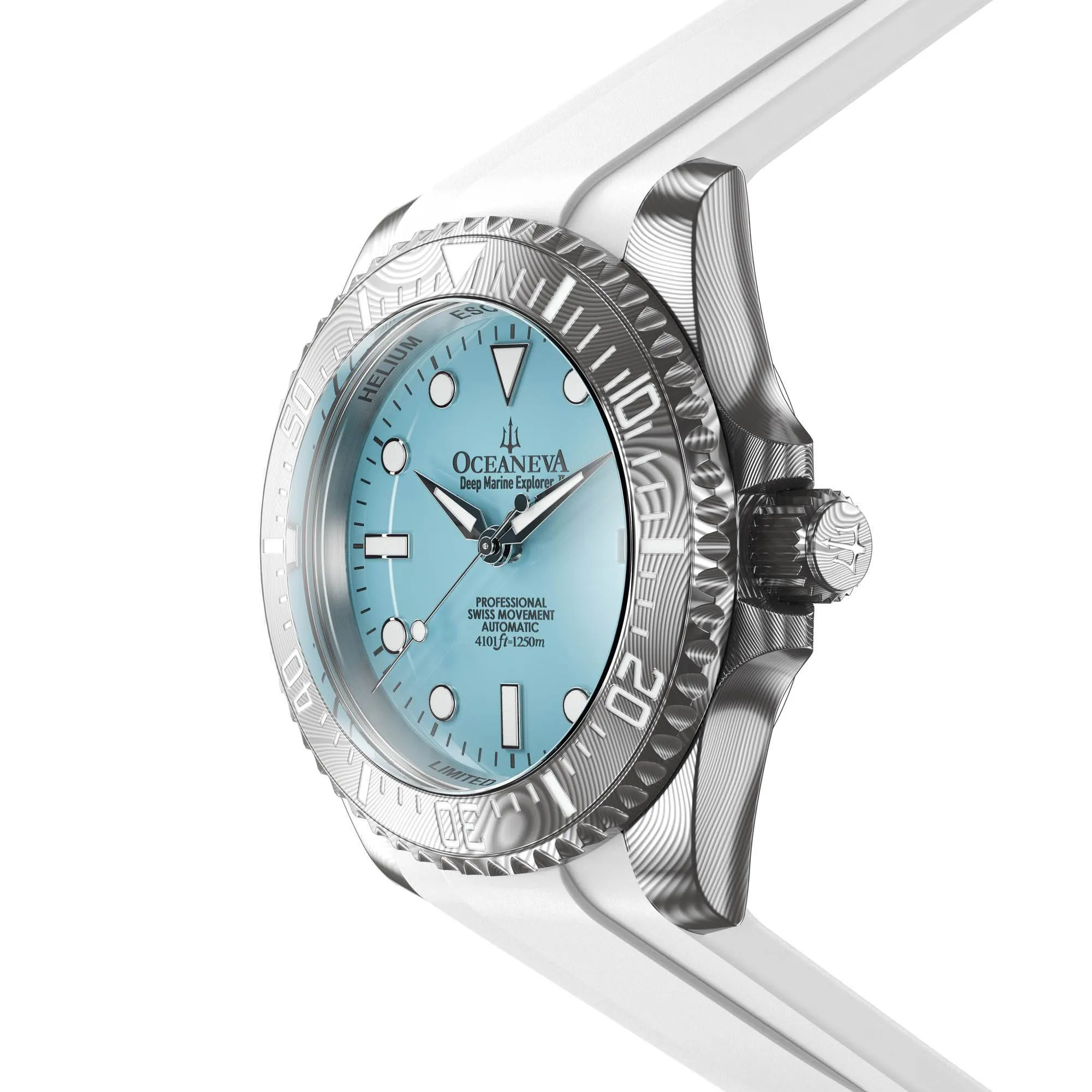 Oceaneva Mens Deep Marine Explorer II Damascus Steel Watch Sky Blue Dial White Rubber