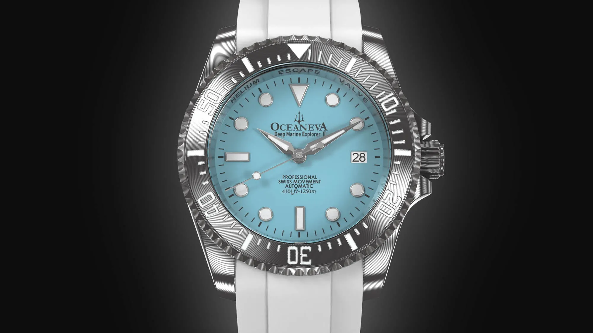 Oceaneva Mens Deep Marine Explorer II Damascus Steel Watch Sky Blue Dial White Rubber