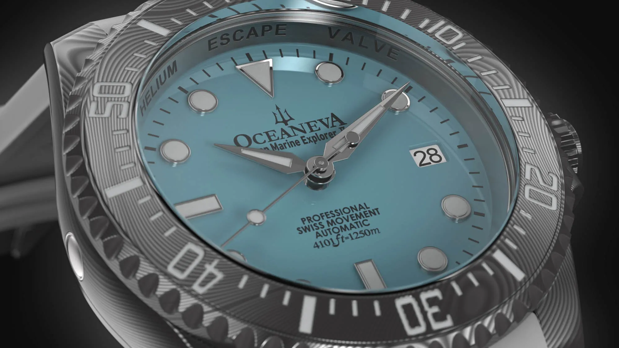 Oceaneva Mens Deep Marine Explorer II Damascus Steel Watch Sky Blue Dial White Rubber