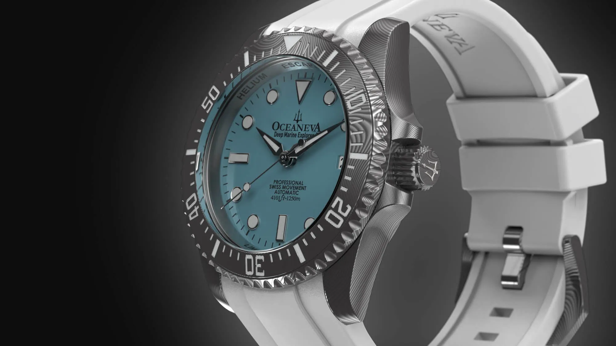 Oceaneva Mens Deep Marine Explorer II Damascus Steel Watch Sky Blue Dial White Rubber