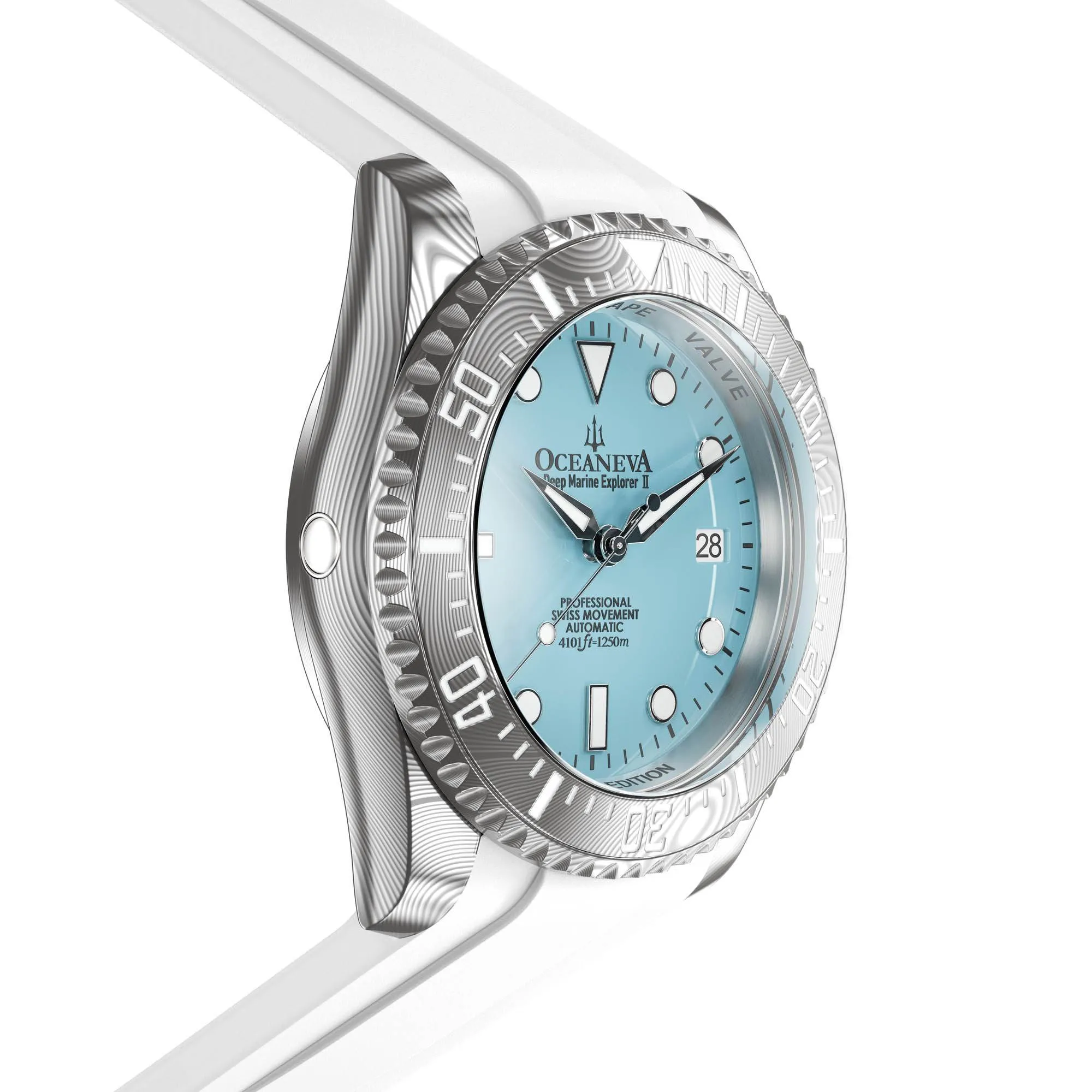 Oceaneva Mens Deep Marine Explorer II Damascus Steel Watch Sky Blue Dial White Rubber