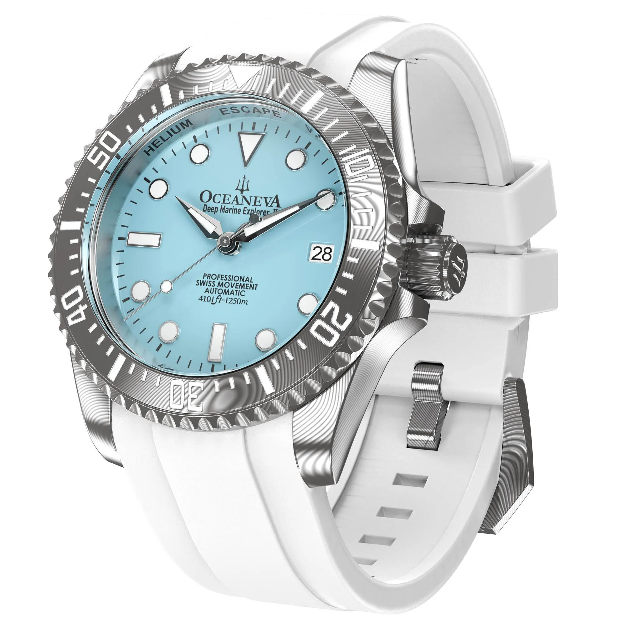 Oceaneva Mens Deep Marine Explorer II Damascus Steel Watch Sky Blue Dial White Rubber