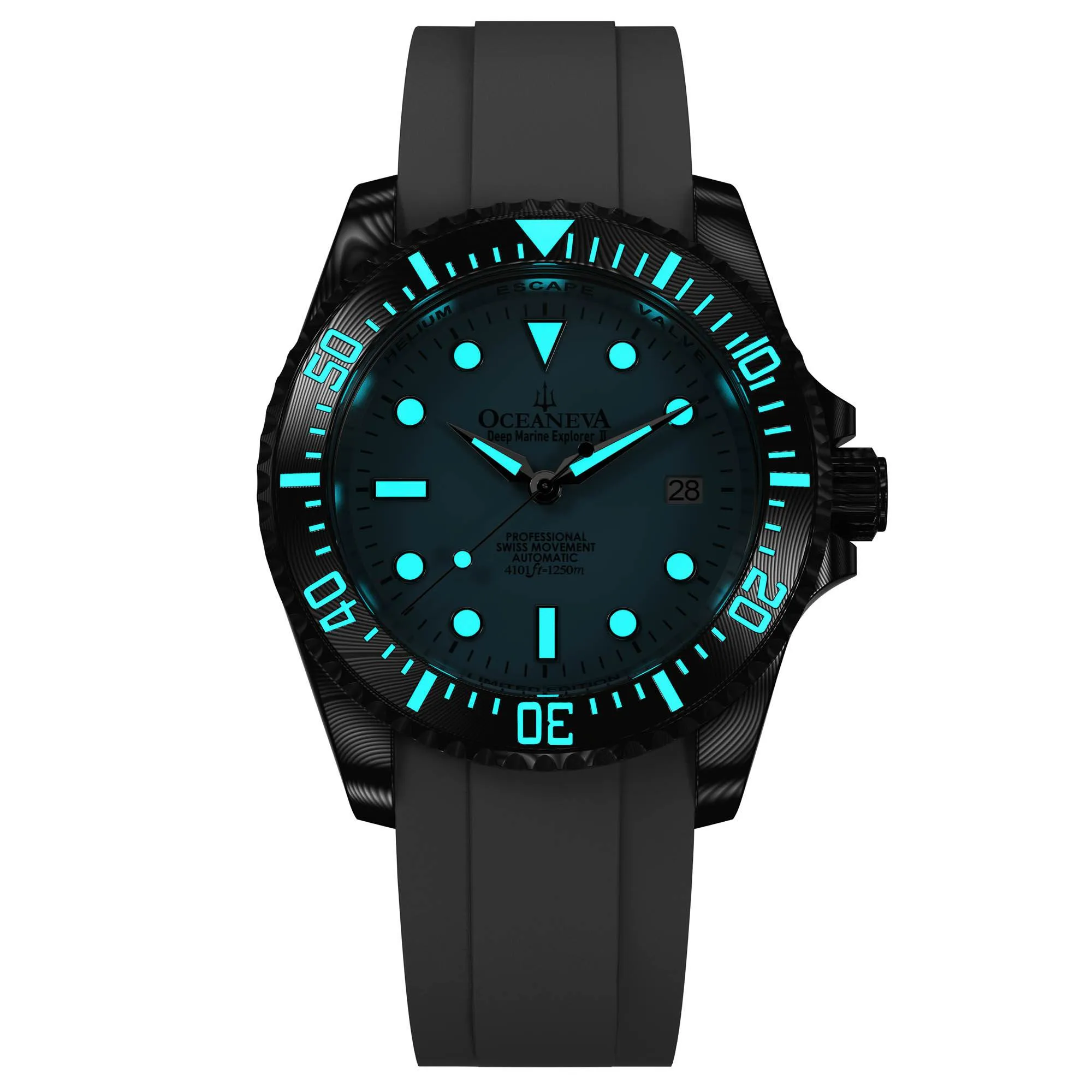 Oceaneva Mens Deep Marine Explorer II Damascus Steel Watch Sky Blue Dial White Rubber