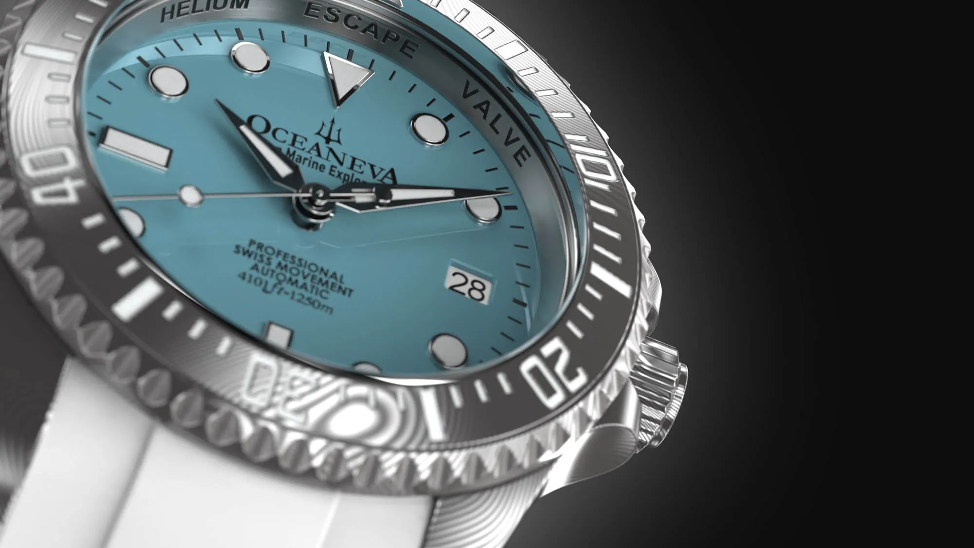 Oceaneva Mens Deep Marine Explorer II Damascus Steel Watch Sky Blue Dial White Rubber