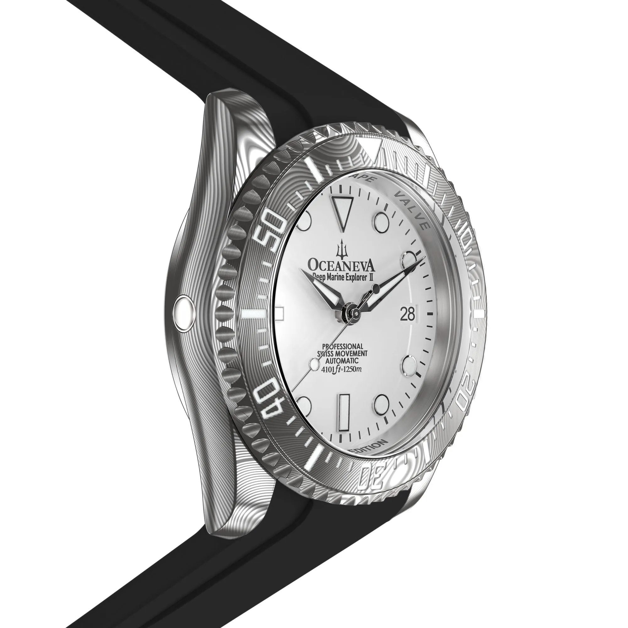 Oceaneva Mens Deep Marine Explorer II Damascus Steel Watch White Dial Black Strap