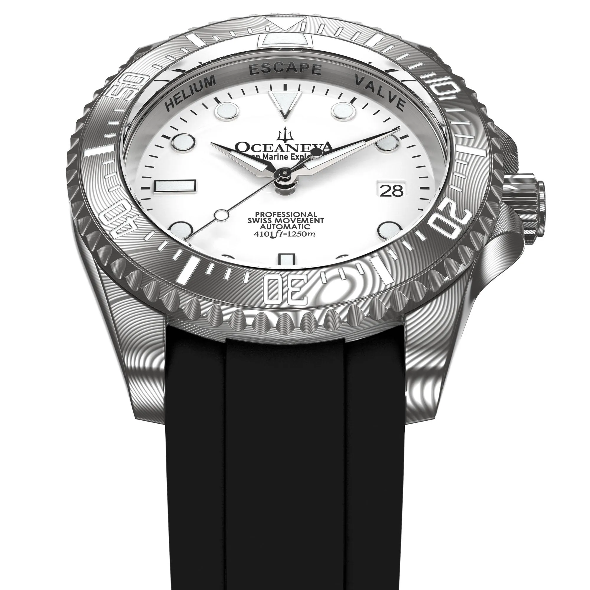 Oceaneva Mens Deep Marine Explorer II Damascus Steel Watch White Dial Black Strap