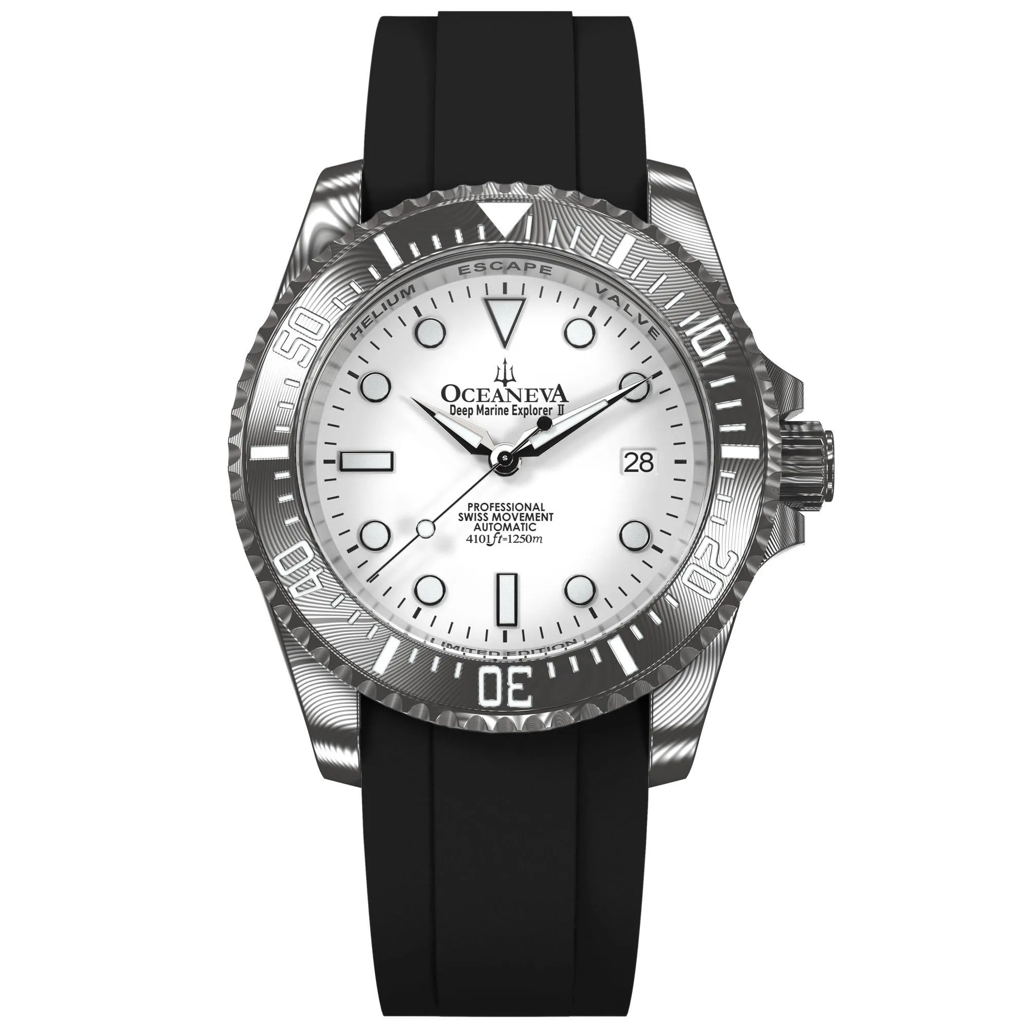 Oceaneva Mens Deep Marine Explorer II Damascus Steel Watch White Dial Black Strap