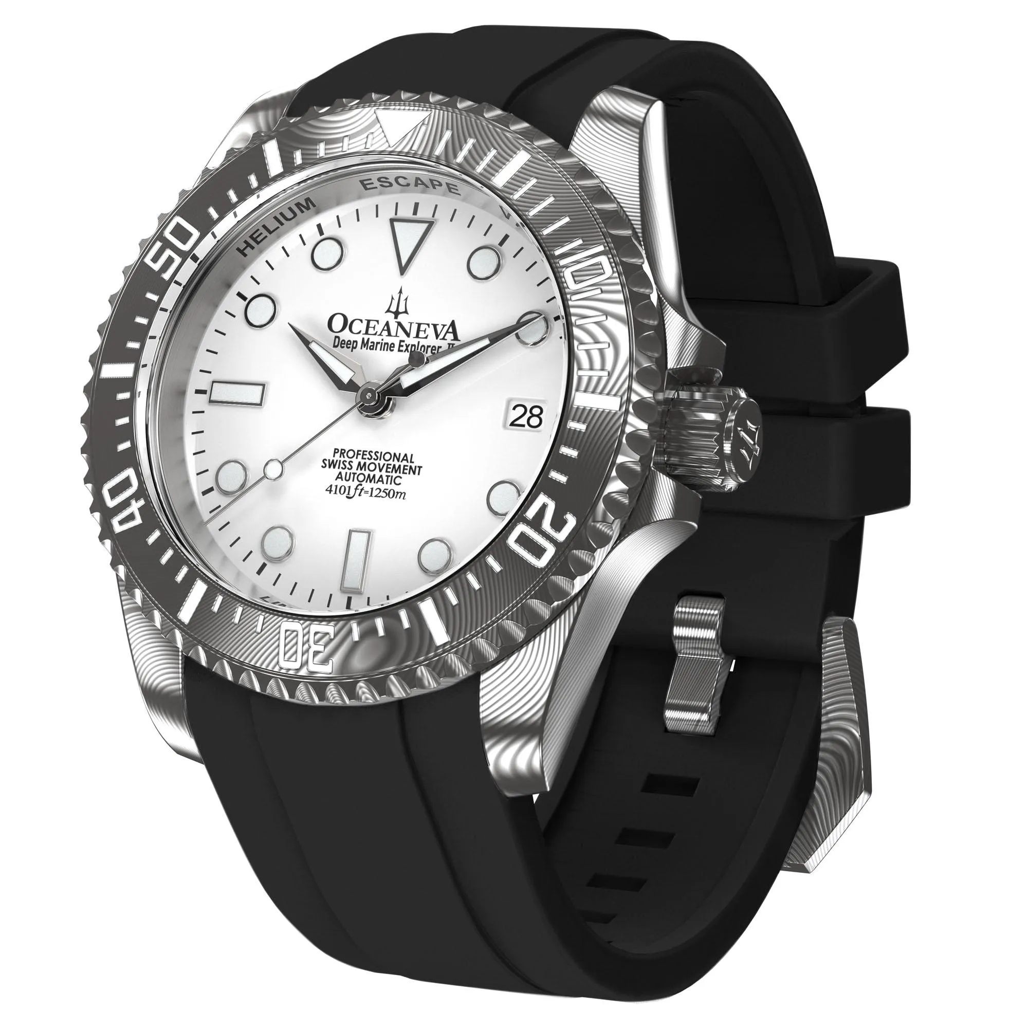 Oceaneva Mens Deep Marine Explorer II Damascus Steel Watch White Dial Black Strap