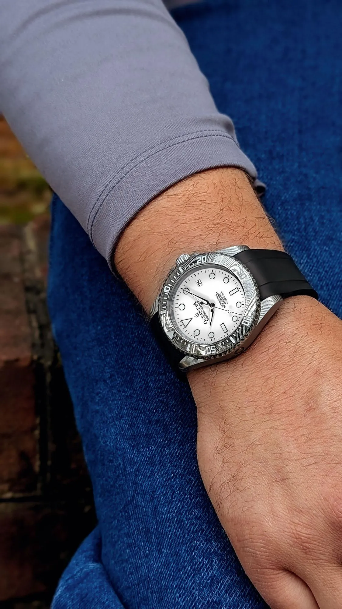 Oceaneva Mens Deep Marine Explorer II Damascus Steel Watch White Dial Black Strap