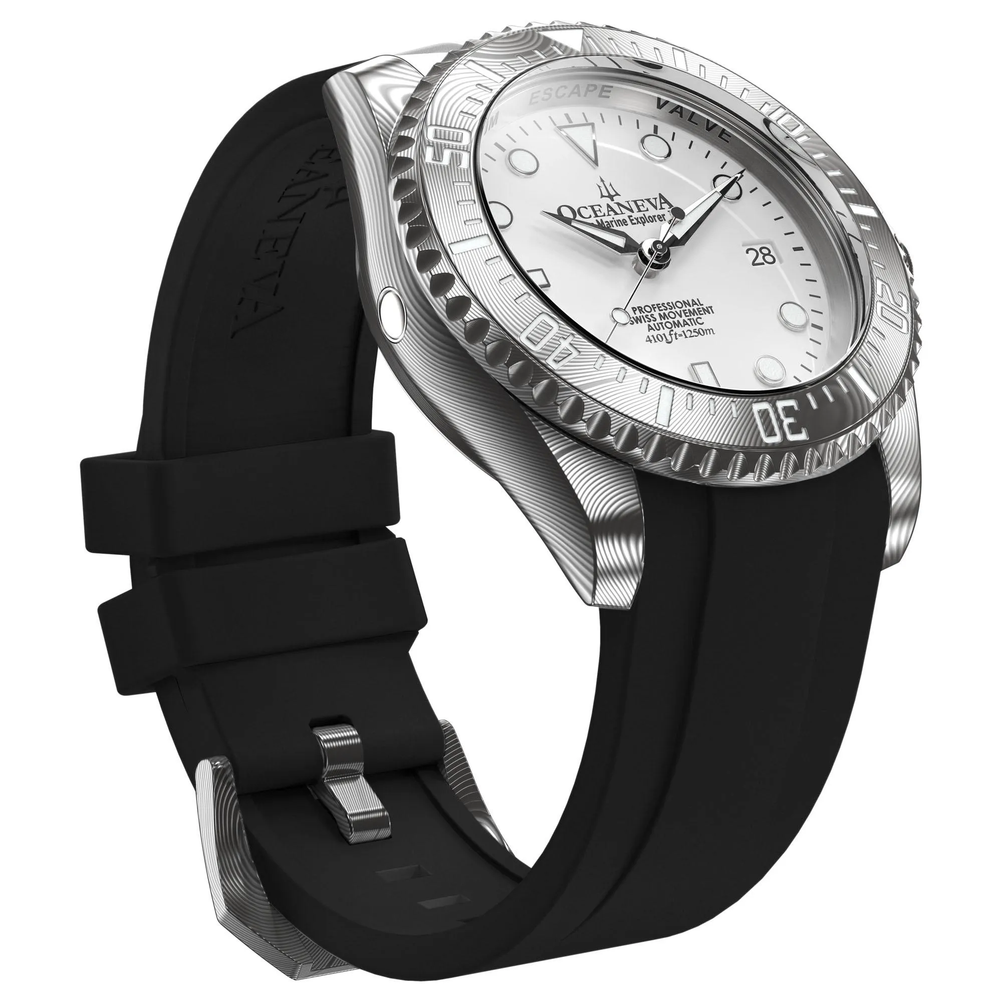 Oceaneva Mens Deep Marine Explorer II Damascus Steel Watch White Dial Black Strap