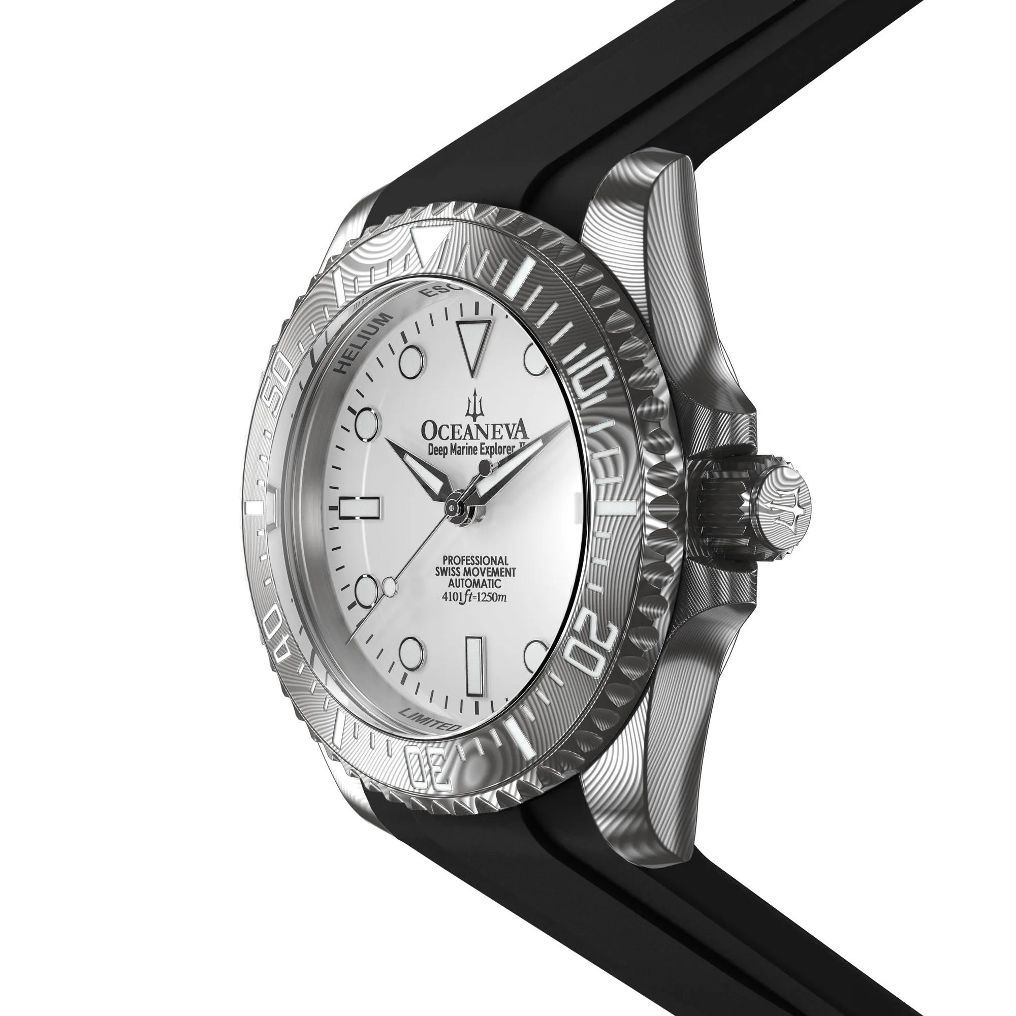 Oceaneva Mens Deep Marine Explorer II Damascus Steel Watch White Dial Black Strap