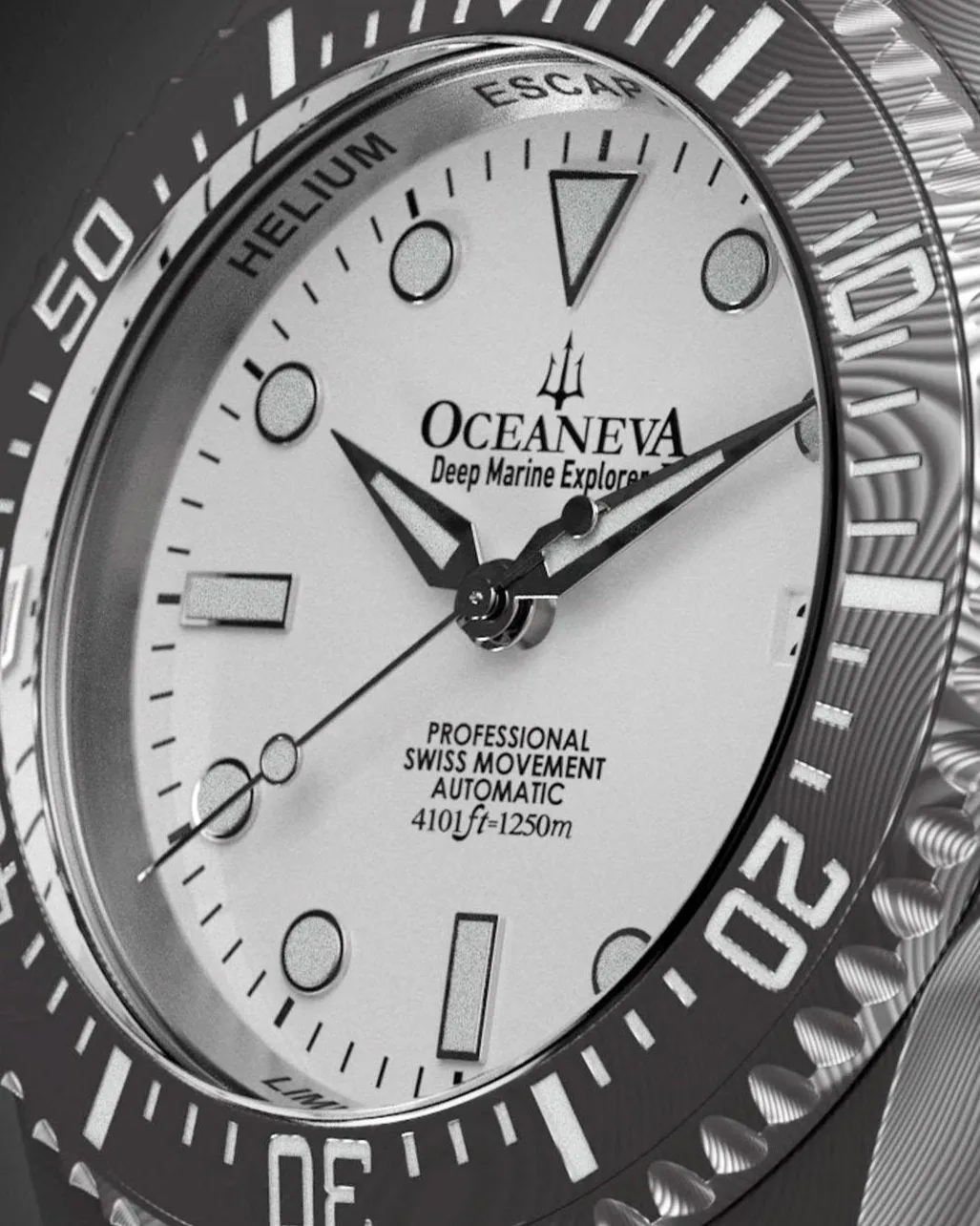 Oceaneva Mens Deep Marine Explorer II Damascus Steel Watch White Dial Black Strap