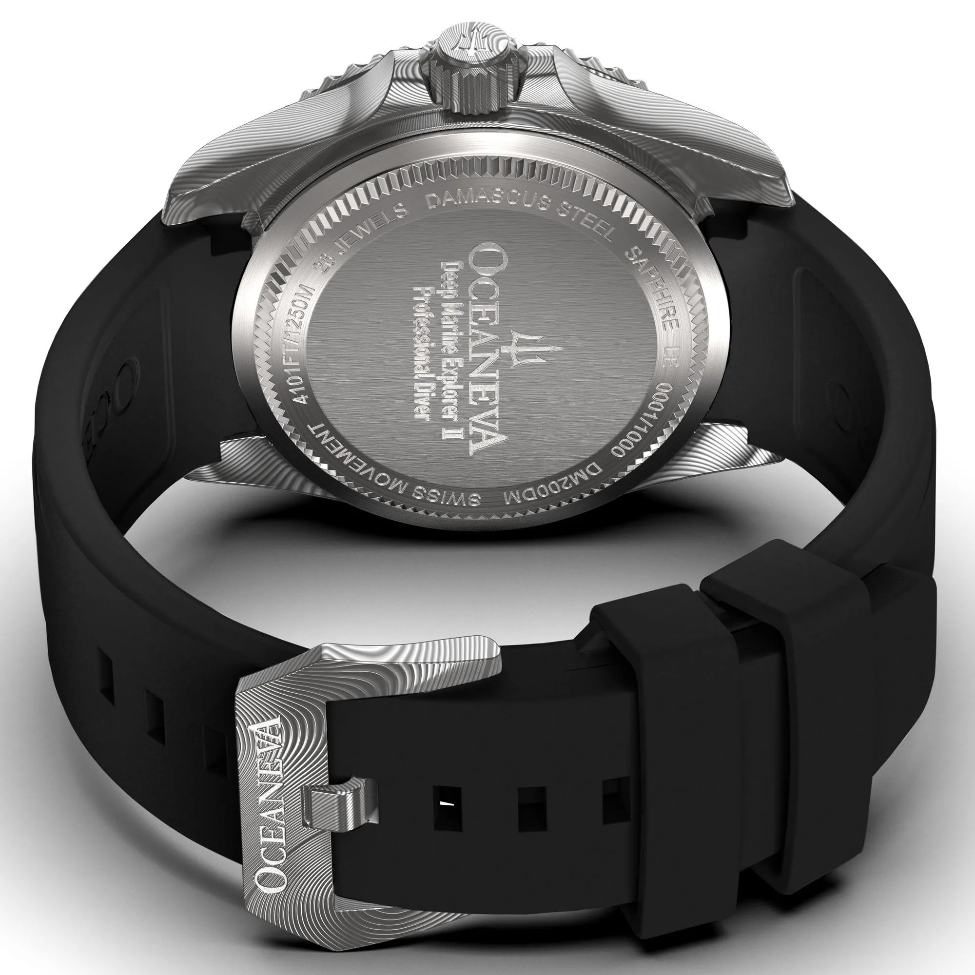 Oceaneva Mens Deep Marine Explorer II Damascus Steel Watch White Dial Black Strap