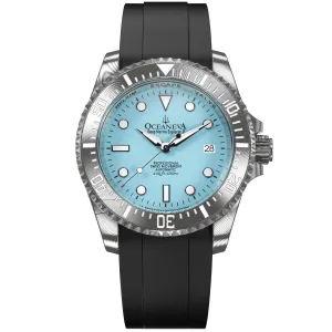 Oceaneva Mens Deep Marine Explorer II Sky Blue Dial Damascus Steel Watch