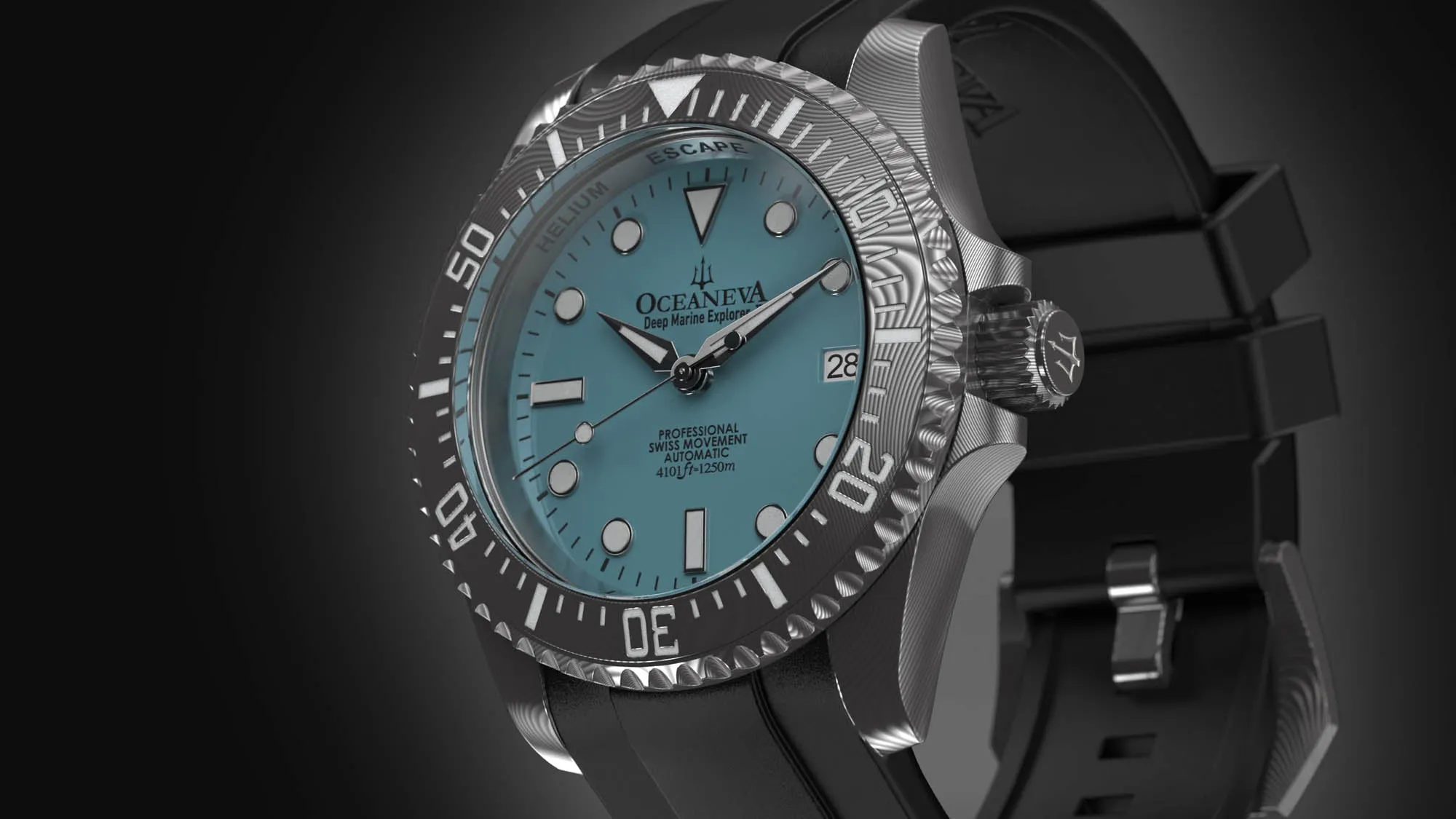 Oceaneva Mens Deep Marine Explorer II Sky Blue Dial Damascus Steel Watch