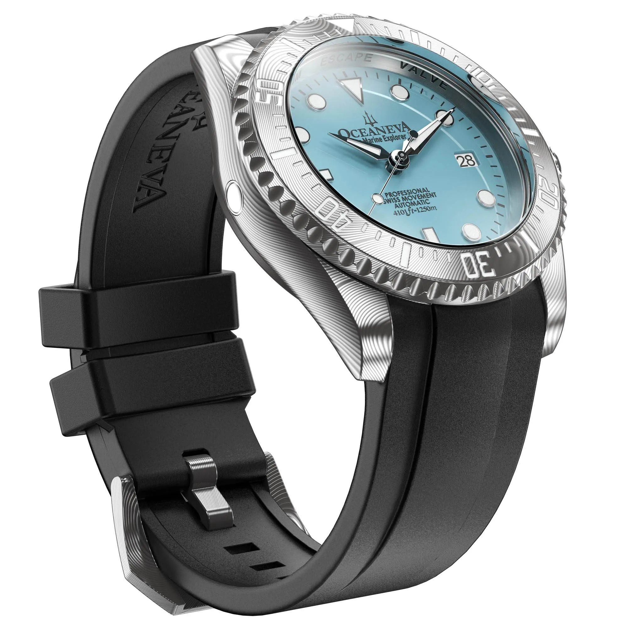 Oceaneva Mens Deep Marine Explorer II Sky Blue Dial Damascus Steel Watch