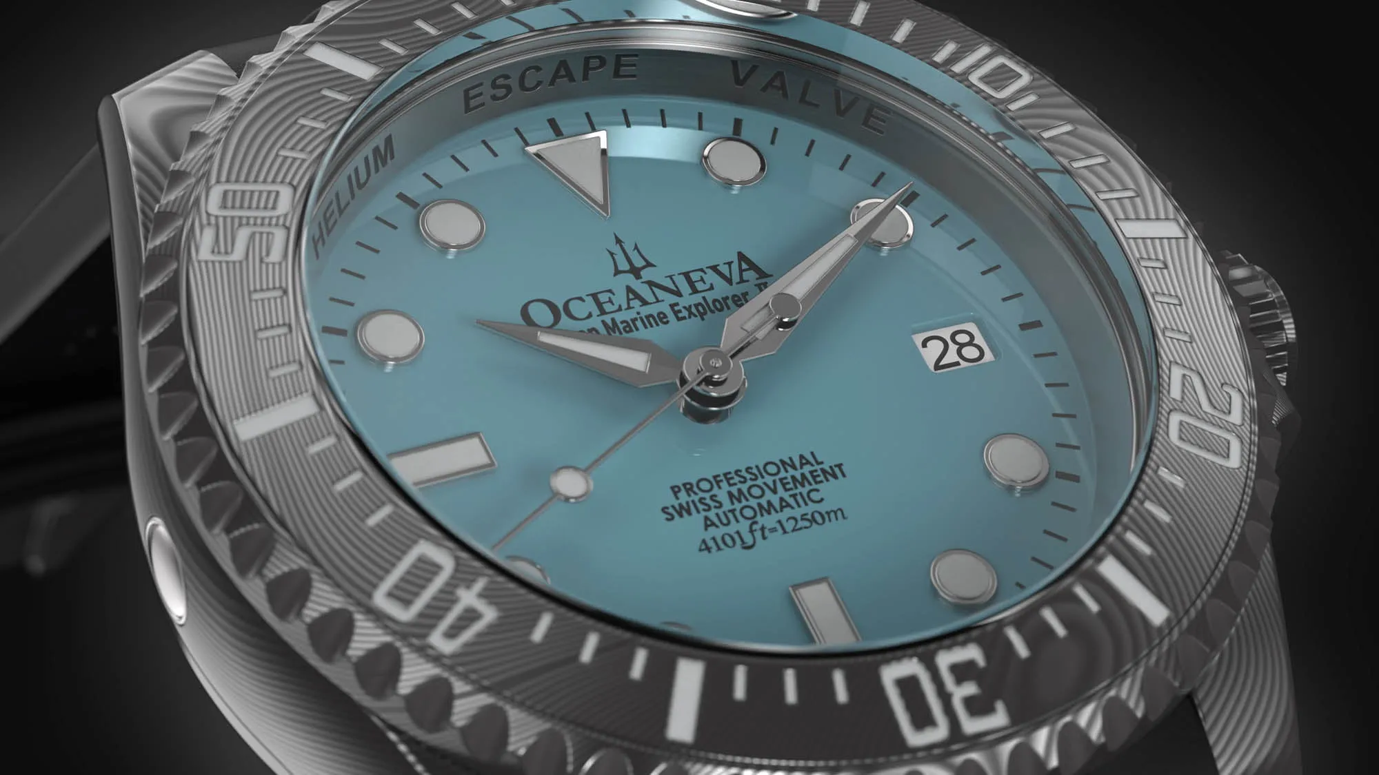 Oceaneva Mens Deep Marine Explorer II Sky Blue Dial Damascus Steel Watch