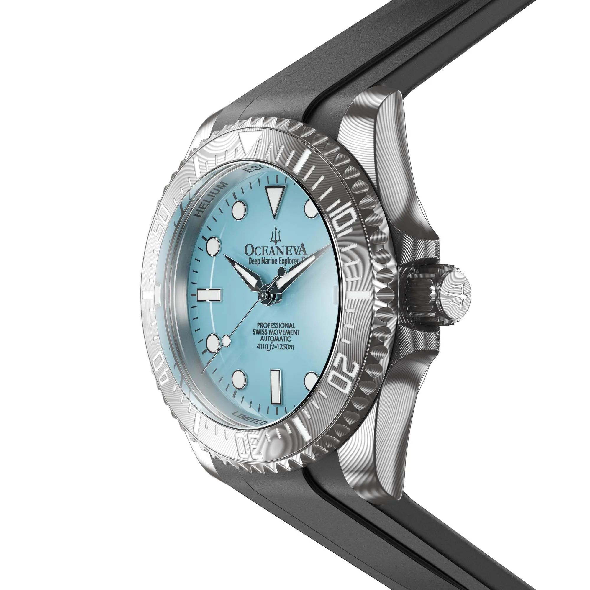 Oceaneva Mens Deep Marine Explorer II Sky Blue Dial Damascus Steel Watch